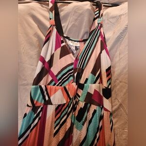 Allison Brittney Striped V-Neck Maxi Dress - Teal, Coral, Brown, Cream